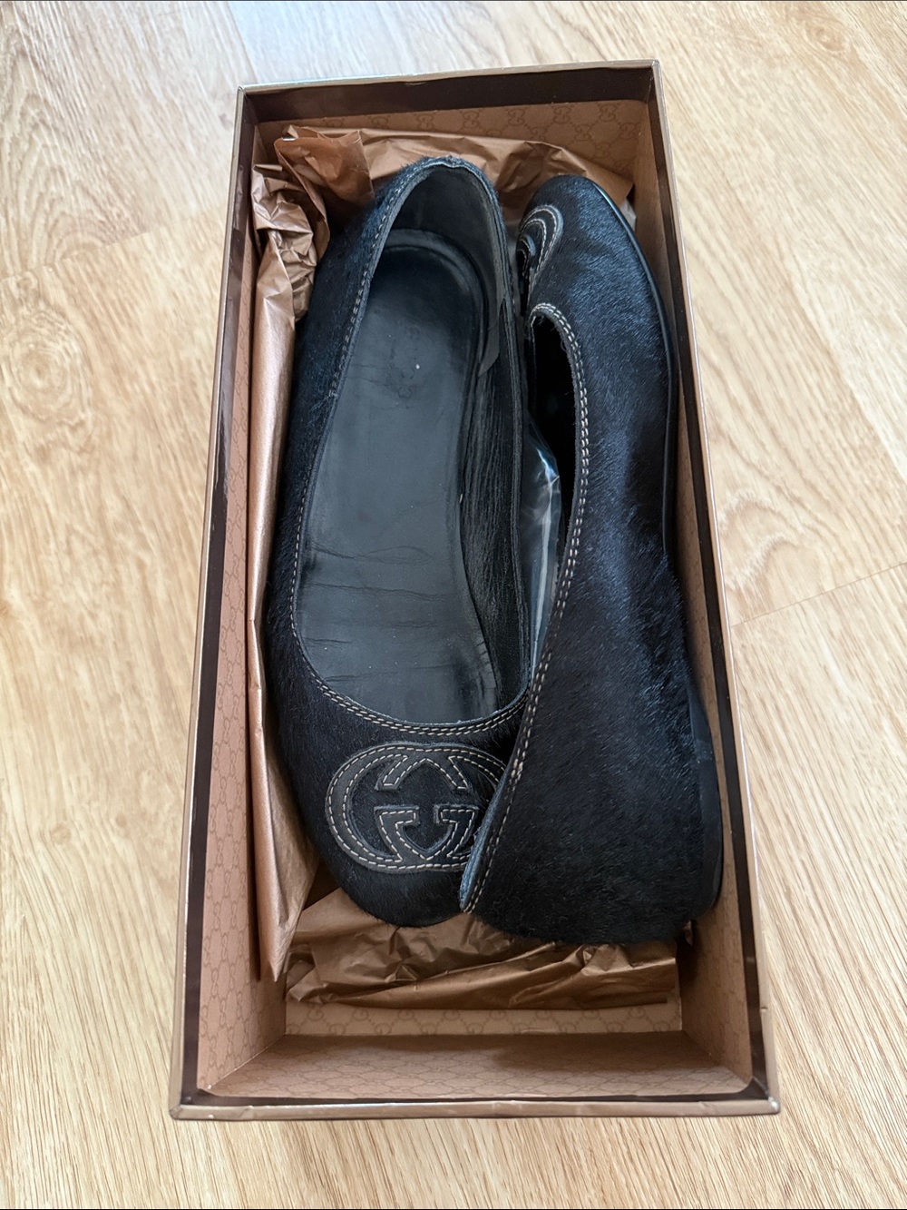 Gucci Black Pony Hair GG Ballet Flats